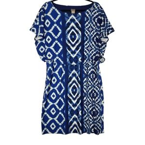 Chicos Batik Tribal Dress Women's Large Blue White Short Kimono Sleeve Stretchy